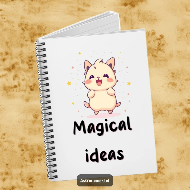 Funny notebook featuring a gleeful creature throwing stardust like confetti, for jotting down ideas with a celebratory twist.