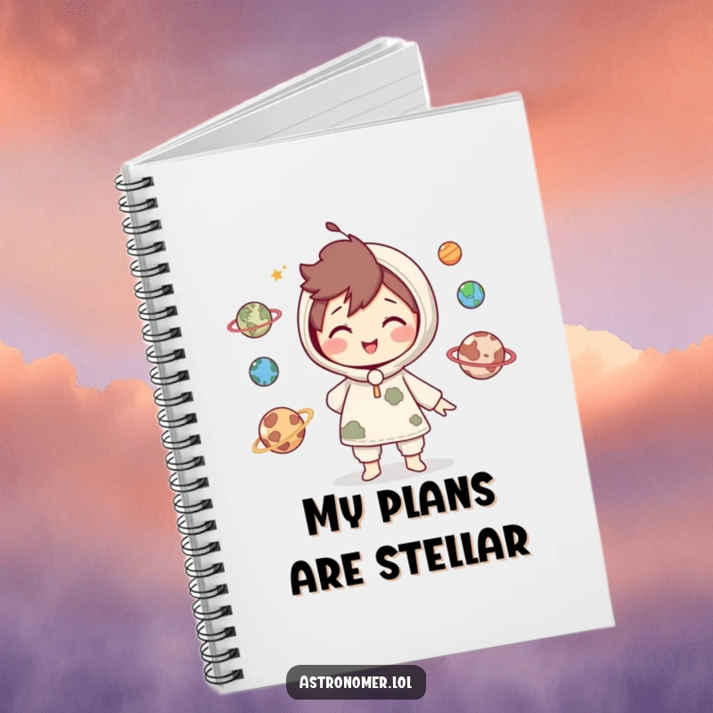 Funny Notebook: Cute character smiles while juggling miniature planets, encouraging users to jot down organized and playful cosmic ideas.