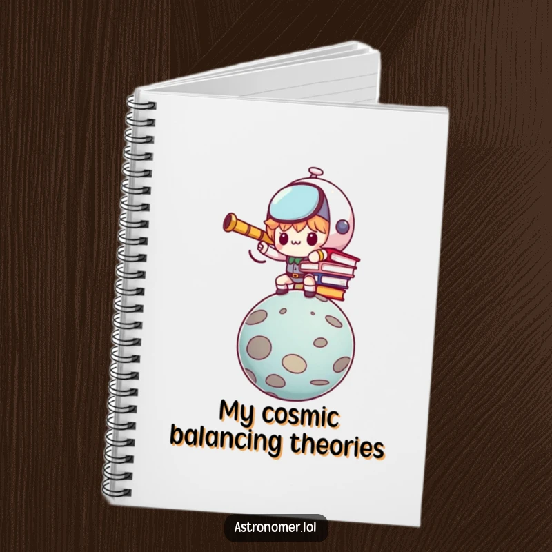 Funny Kawaii astronomer character balancing books on a planet, inspiring focused writing in this notebook.