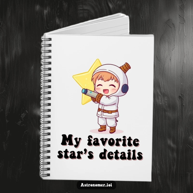 Funny Kawaii astronomer character hugging a huge glowing star, inspiring joy in this notebook.