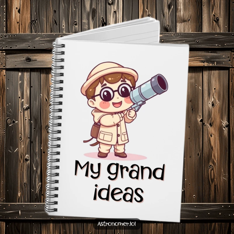 Funny Kawaii astronomer notebook with a smiling character holding a comically large, wobbly telescope, ready for humorous note-taking.