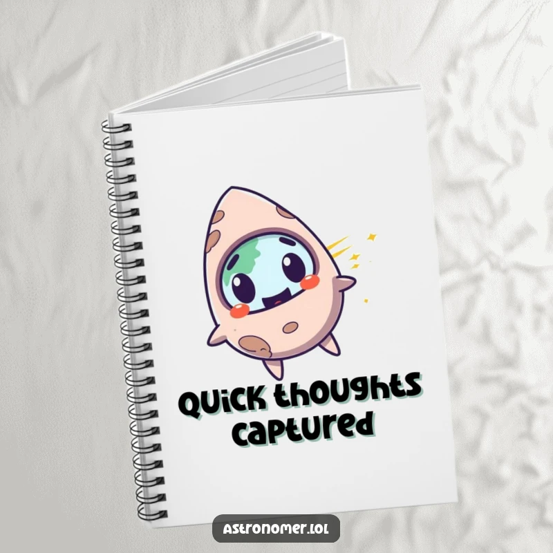 Funny surprised meteorite character with a mischievous grin, zooming past planet Earth, humorous notebook.