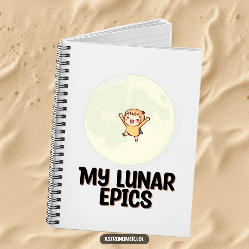 Funny notebook cover with an excited character orbiting a giant moon, inspiring notes on cosmic adventures.