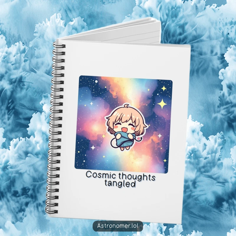 Funny notebook cover showing a character comically tangled in a starry nebula, giggling and ready to capture cosmic thoughts.