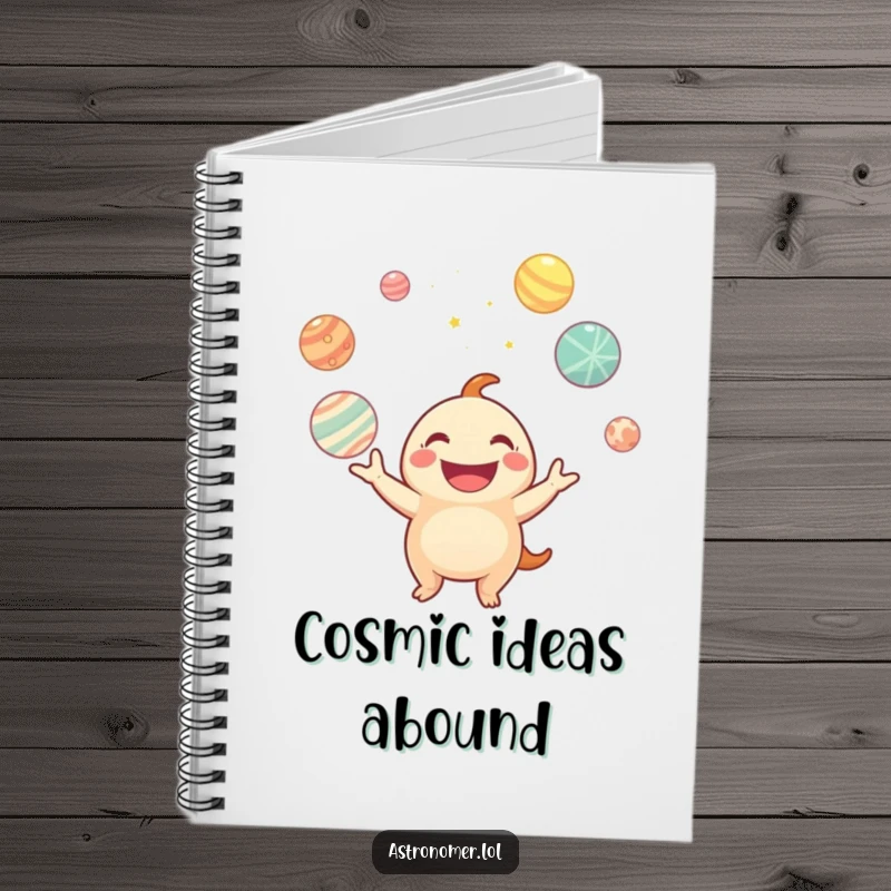 Funny notebook featuring a smiling creature juggling luminous planets, designed for capturing notes with a touch of cosmic whimsy.