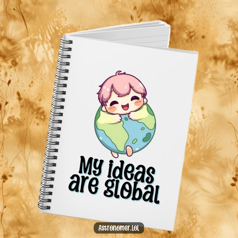Funny Notebook: Cute character hugs a planet with a joyful expression, encouraging users to write down ideas inspired by cosmic love.