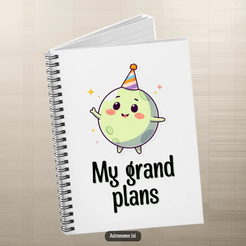 Funny happy planet character in a party hat, spinning joyfully, humorous notebook for party planning.