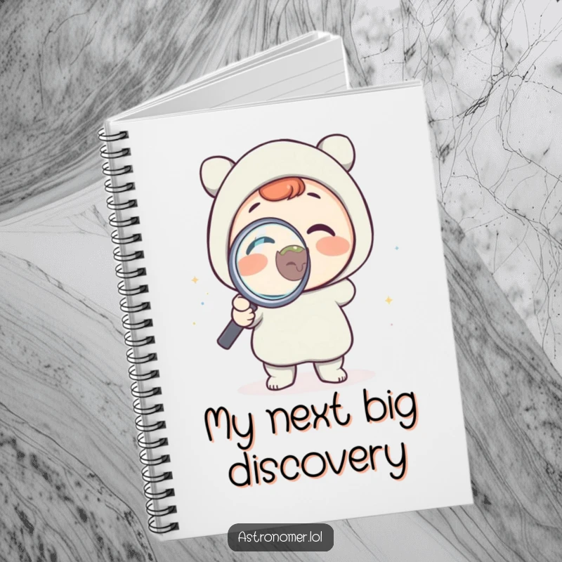 Funny notebook cover with a delighted character holding a magnifying glass to a tiny planet, encouraging humorous note-taking and scientific inquiry.