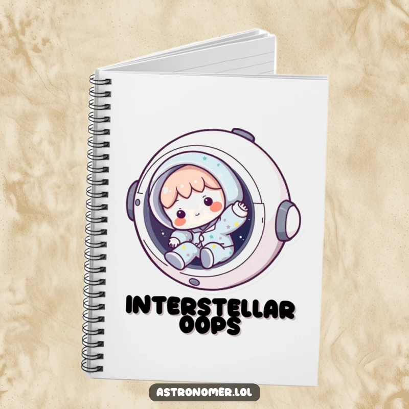 Funny space journal with a character in pajamas tumbling out of a spaceship, a humorous notebook for cosmic thoughts.