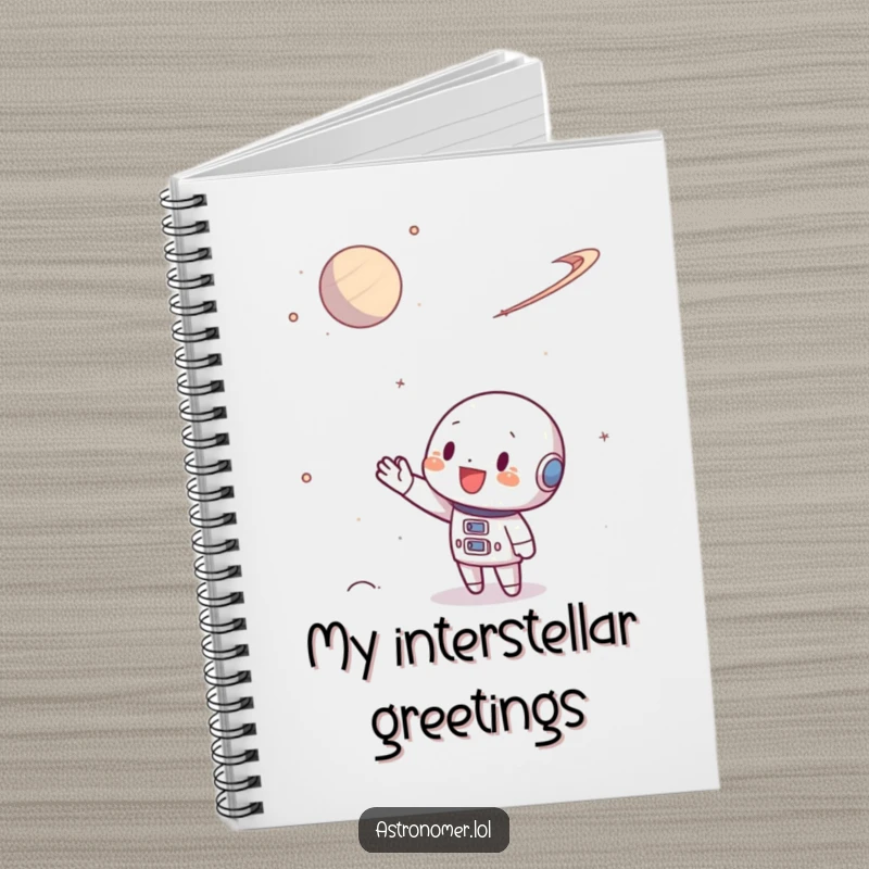 Funny Notebook with a character waving hello to a faraway planet, encouraging exploration and note-taking.