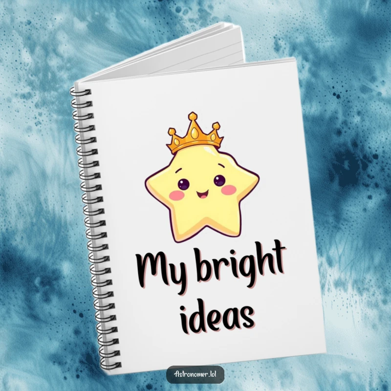 Funny notebook cover featuring a happy star character wearing a crown and shining brightly, ideal for jotting down royal thoughts.