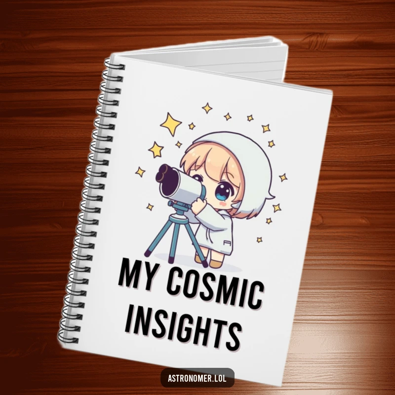 Funny notebook cover featuring a character peering through a telescope at a starry sky, inspiring astronomical thoughts.