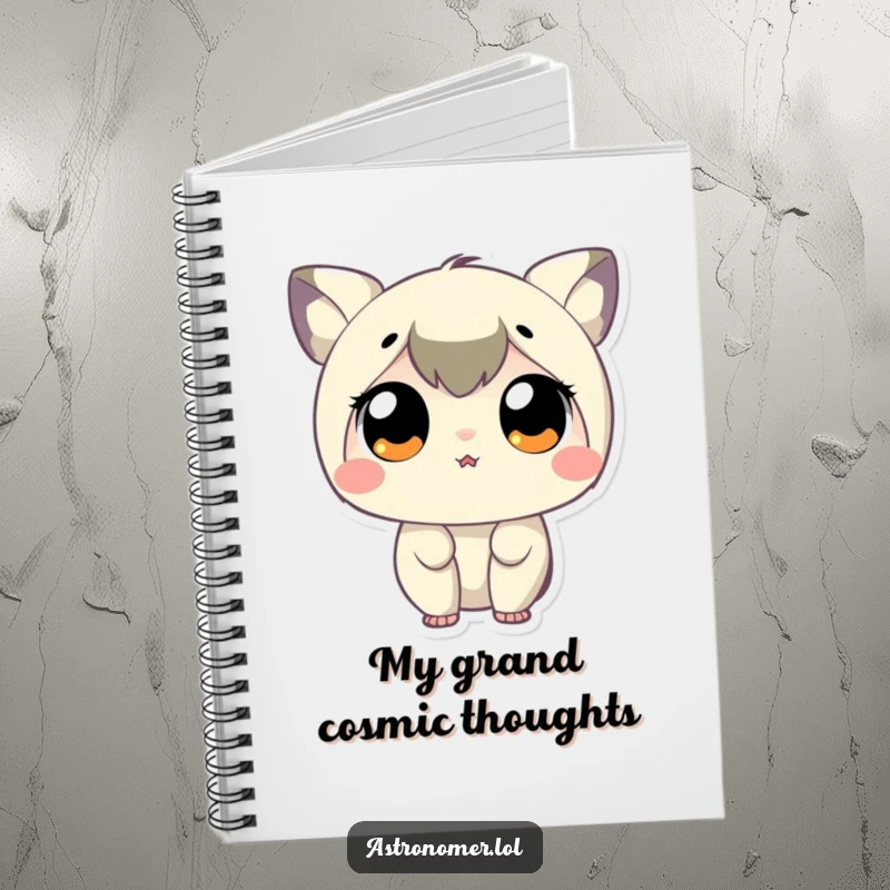 Funny Notebook with tiny character eyes wide with delight, looking up at the starry night sky.