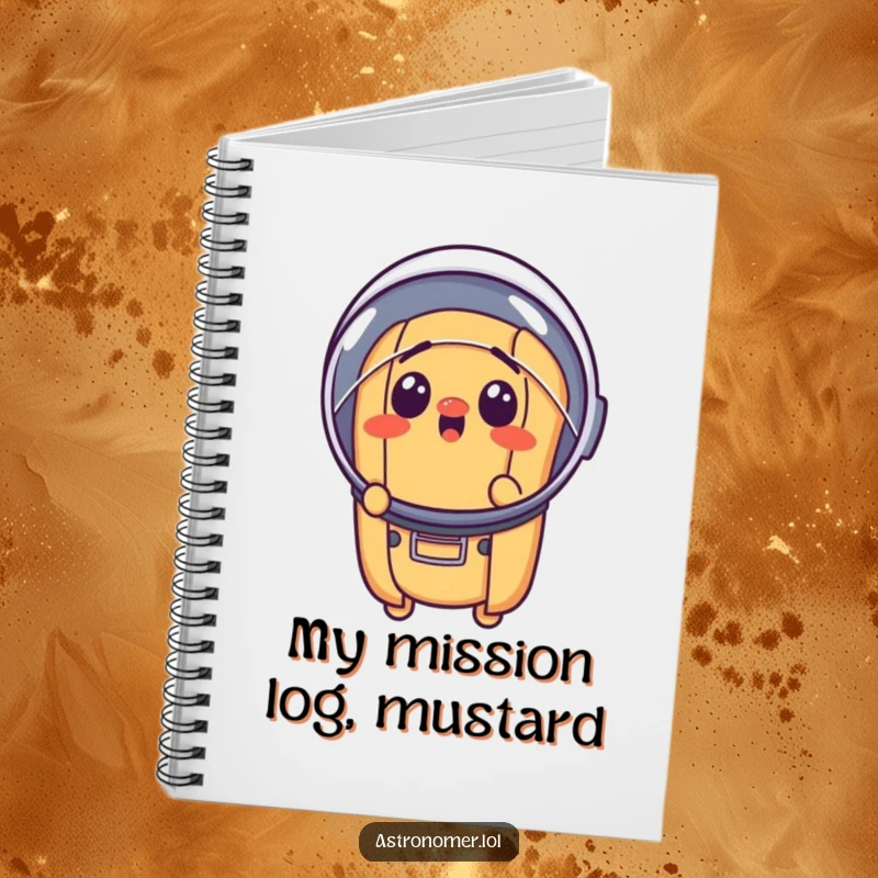 Funny surprised hot dog wearing a tiny astronaut helmet, humorous notebook for journaling, space-themed stationery.