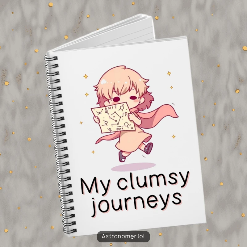 Funny notebook cover with a character tripping over a constellation map, inspiring notes on cosmic exploration and misadventures.
