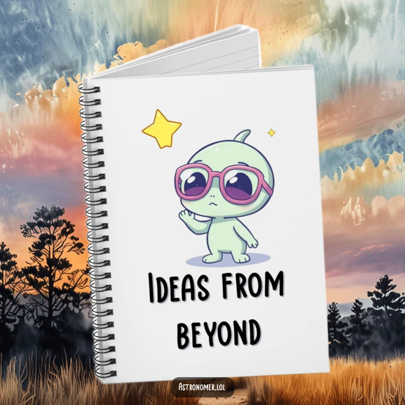 Funny alien character with oversized glasses, peering at a glowing star, cute notebook for journaling and creative ideas.
