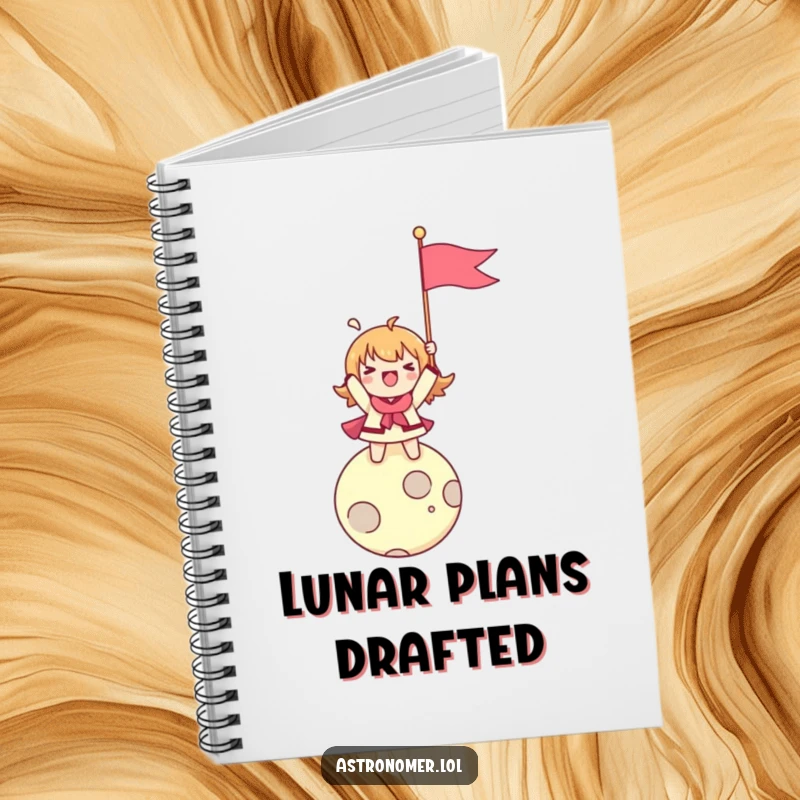 Funny notebook cover showing a character enthusiastically planting a flag on a tiny moon, ready to record epic journeys.