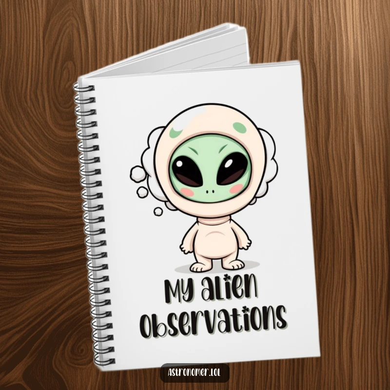 Funny notebook cover with a curious character’s thought bubble containing a funny alien face, inspiring humorous writing and ideas.
