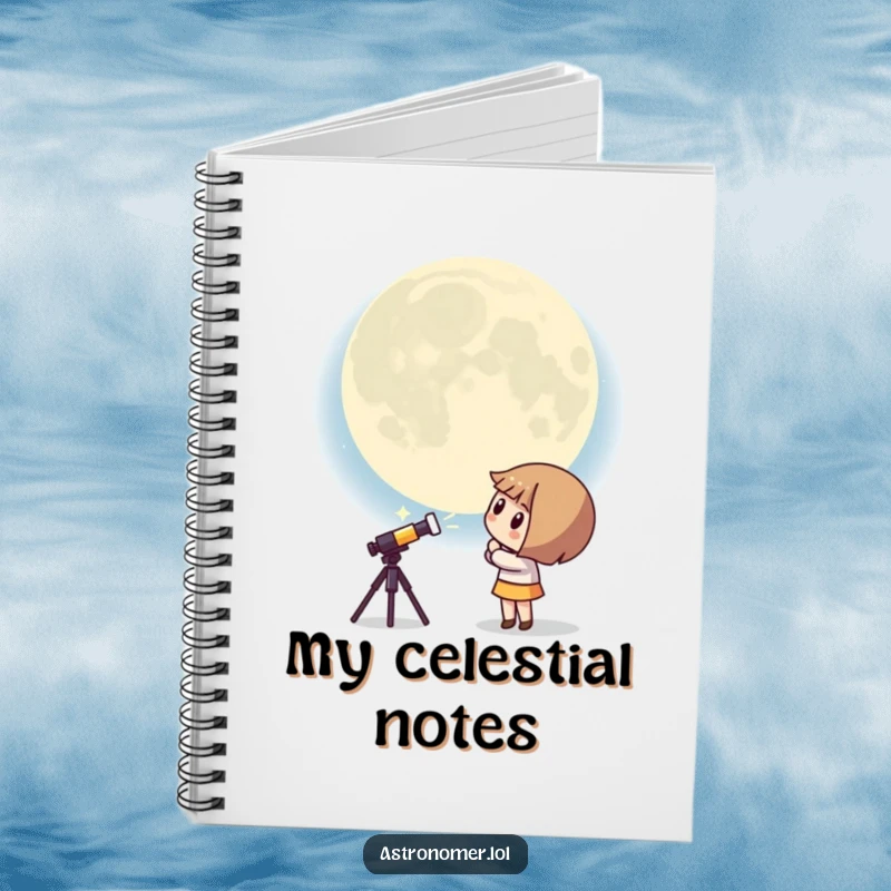 Funny Kawaii astronomer notebook with a curious character peering at a giant, surprised moon, ready for humorous note-taking.