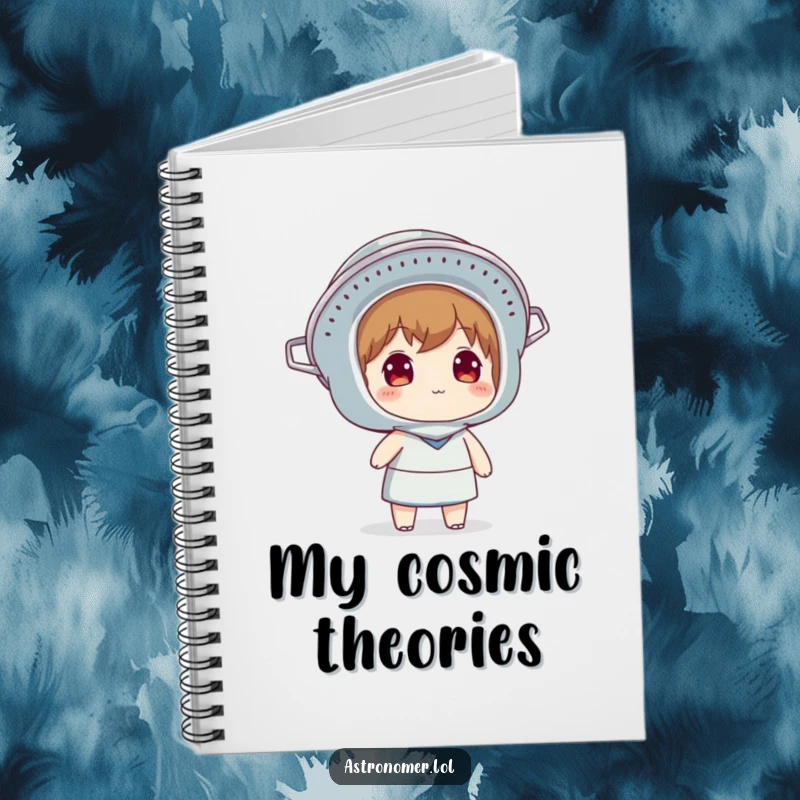 Funny notebook cover with a character wearing a colander as a helmet and looking at the sky, ideal for jotting down ideas with a whimsical, thoughtful theme.