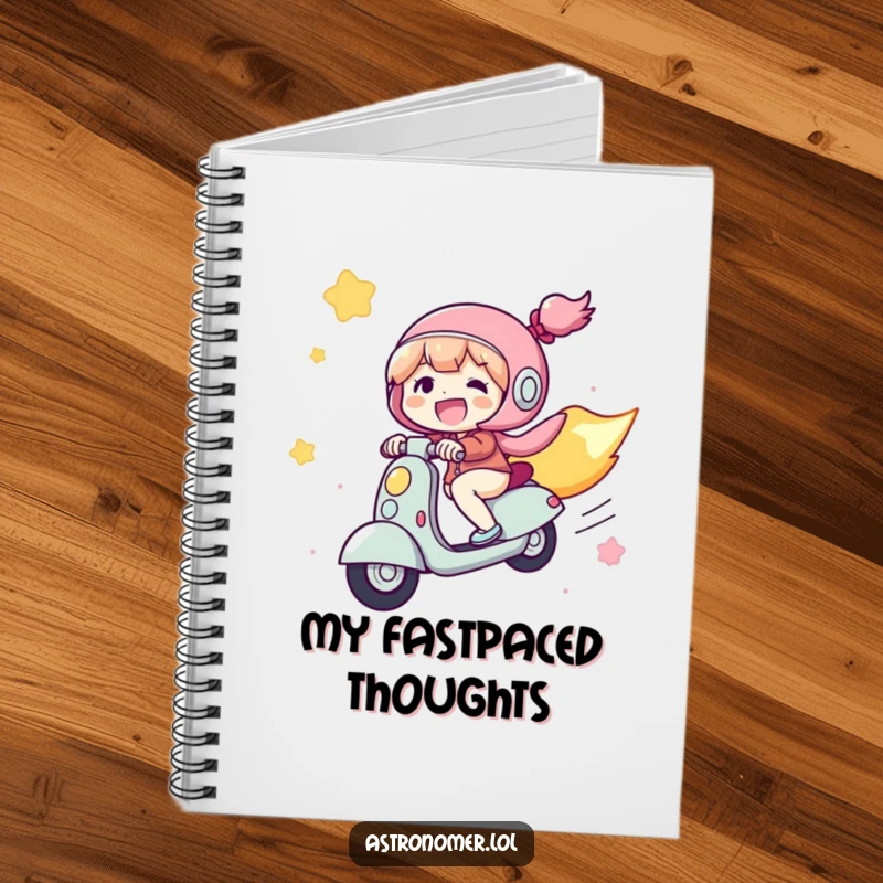 Funny Notebook: A joyful character rides a comet like a scooter through space, symbolizing fast thinking and exciting ideas.