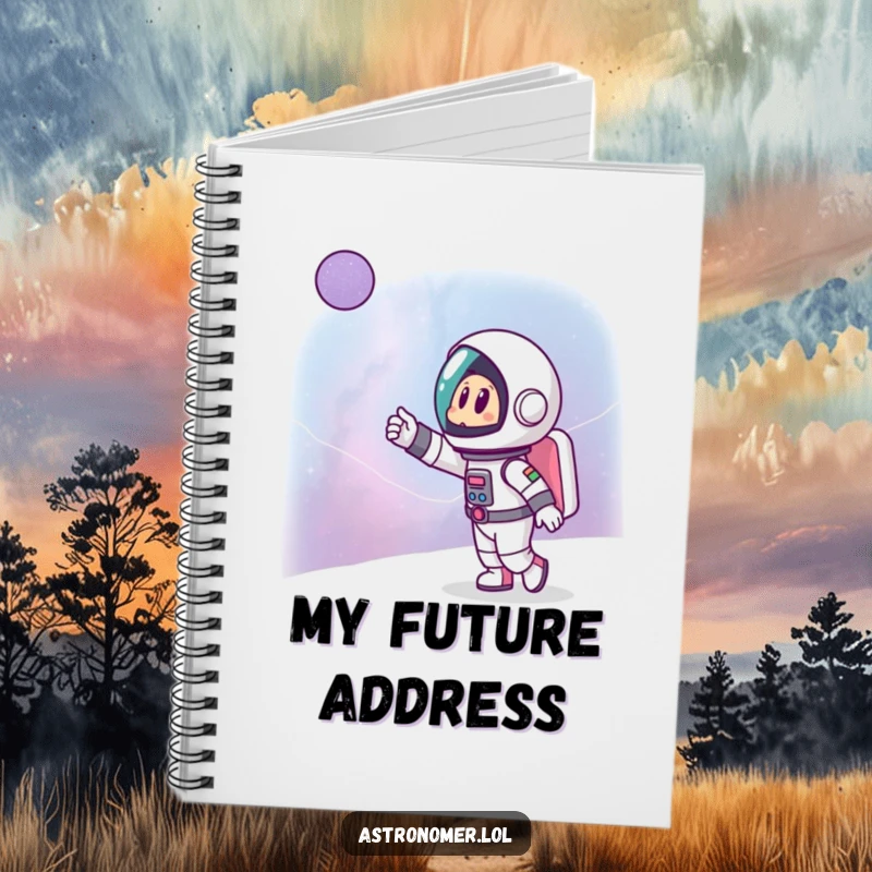 Funny notebook with a cartoon astronaut excitedly pointing at a distant galaxy on the cover, perfect for capturing thoughts.