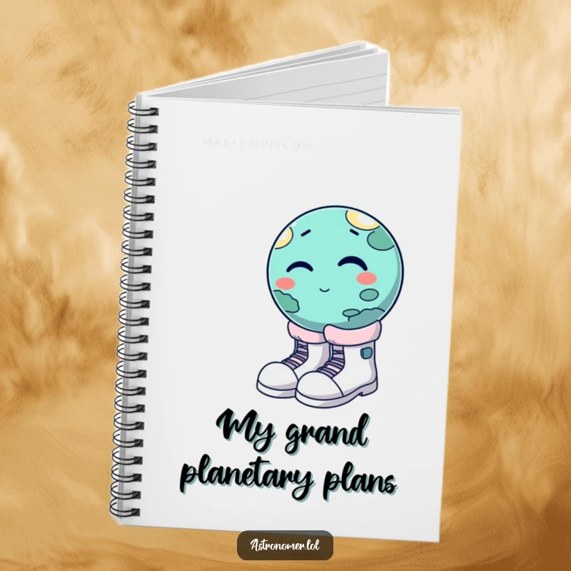 Funny winking planet trying to wear oversized moon boots, humorous notebook for journaling, space-themed stationery.