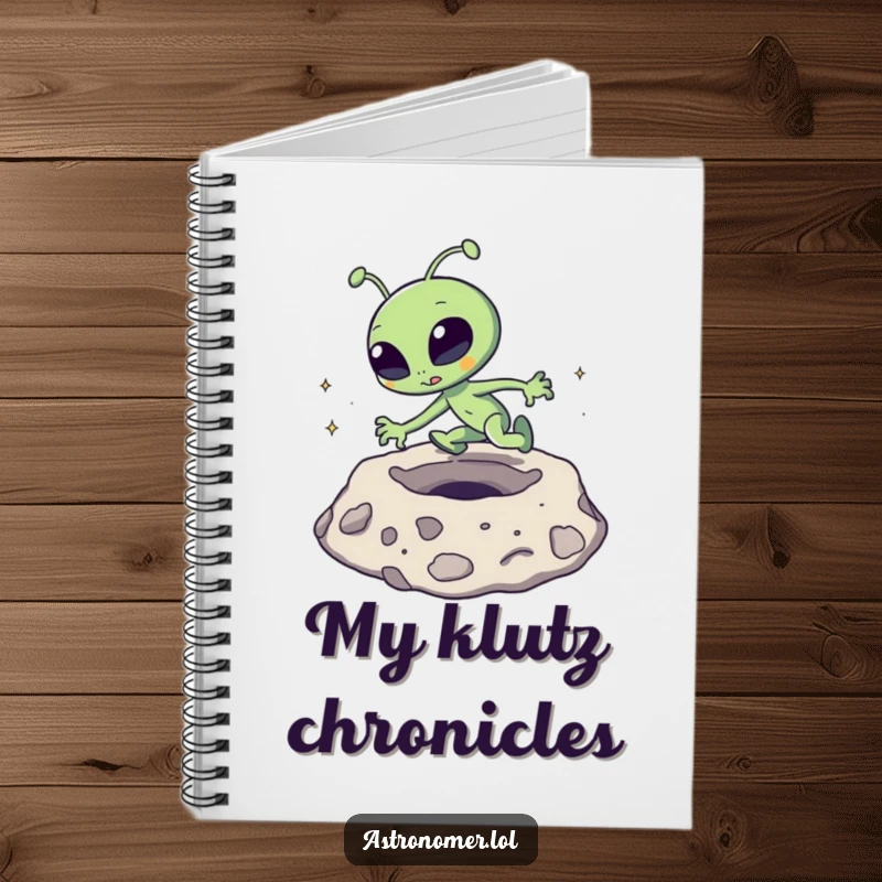 Funny Notebook: A goofy alien character comically tripping over a moon crater, inspiring note-taking.
