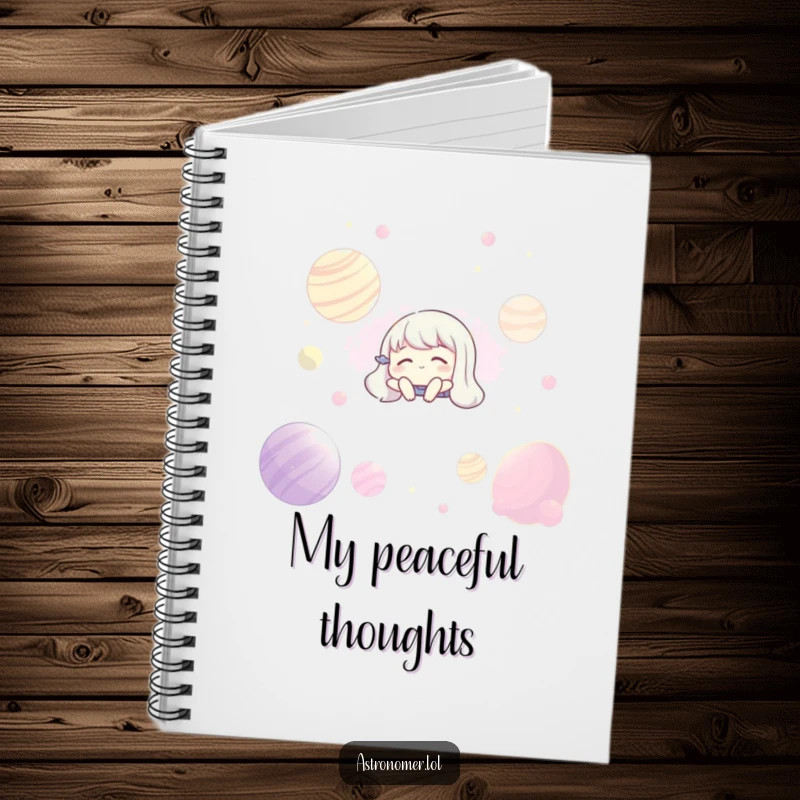 Funny notebook cover with a character floating serenely among glowing planets, inspiring calm and thoughtful notes.