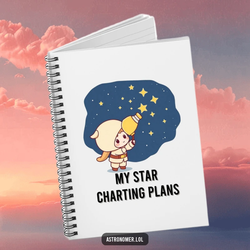 Funny Kawaii astronomer character painting stars onto a dark sky, inspiring creativity in this handy notebook.