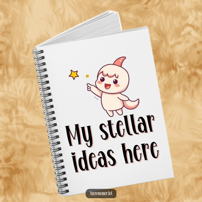 Funny Notebook: Cute character points towards a distant, sparkling star, encouraging users to jot down ambitious ideas and cosmic plans.