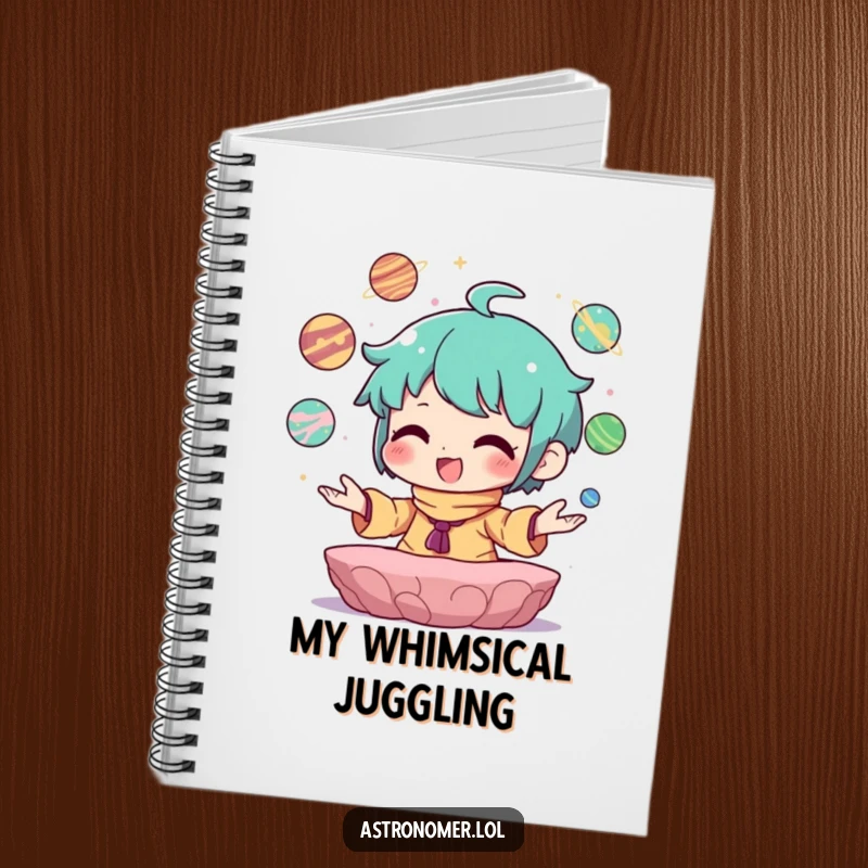 Funny Notebook with a character joyfully juggling small planets, encouraging creative thoughts and cosmic ideas.