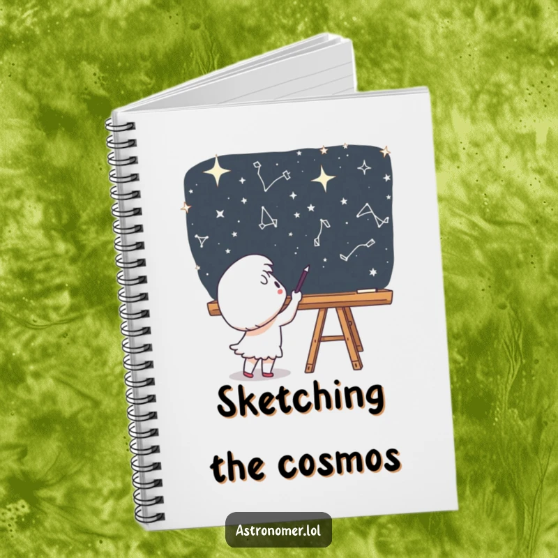Funny Notebook: A cute character enthusiastically draws constellations on a chalkboard while floating in space.