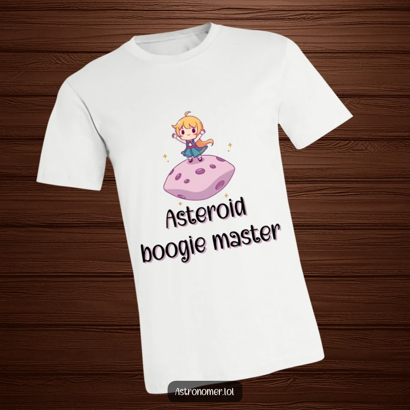 Funny t-shirt depicting a character joyfully dancing on a floating asteroid, radiating happiness in outer space.