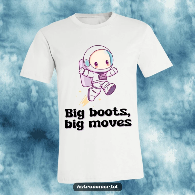 Funny T-Shirt: A cute character in enormous astronaut boots performs a comically large leap through space.