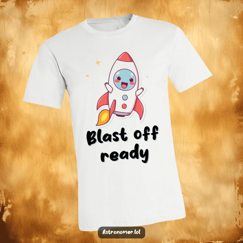 Funny t-shirt print of a character mimicking a rocket ship blasting off, arms extended, face alight with pure joy.