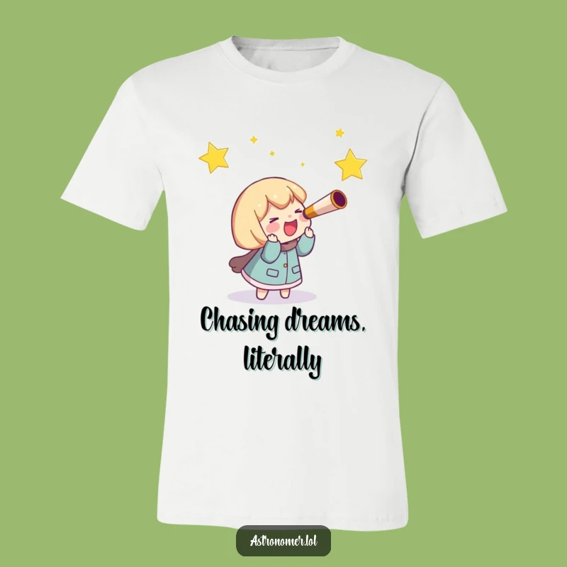 Funny Telescope T-Shirt, Giggling Character Chasing Star, Hilarious Celestial Gift!