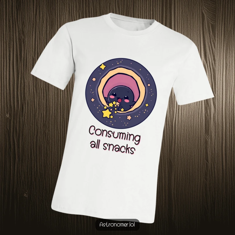 Funny cheerful black hole character playfully slurping small stars, humorous t-shirt for space lovers.