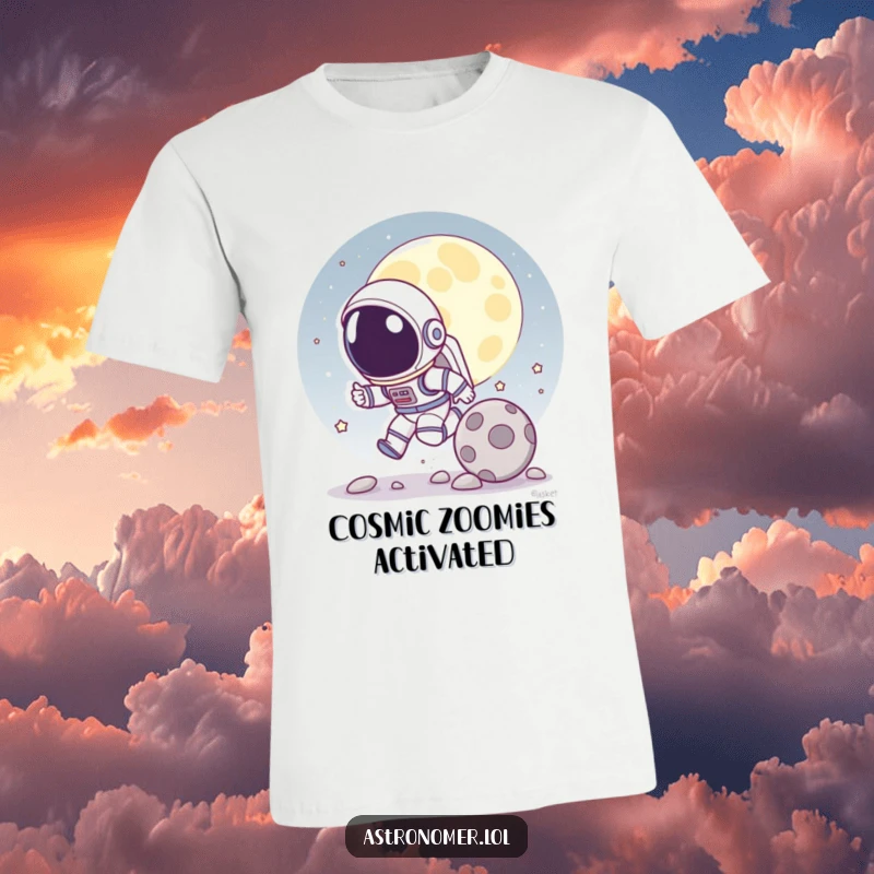 Funny t-shirt illustrating a cartoon astronaut playfully pursuing a rolling moon rock, depicting a fun lunar game.