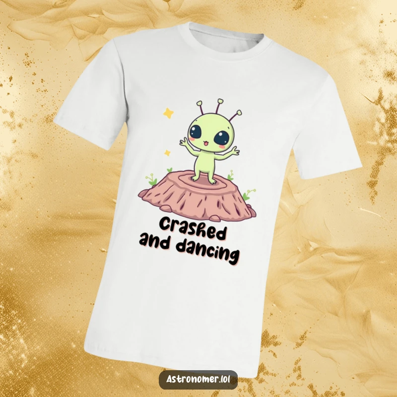 Funny t-shirt illustrating a surprised alien species doing a comical dance move on a rocky crater, a unique space design.
