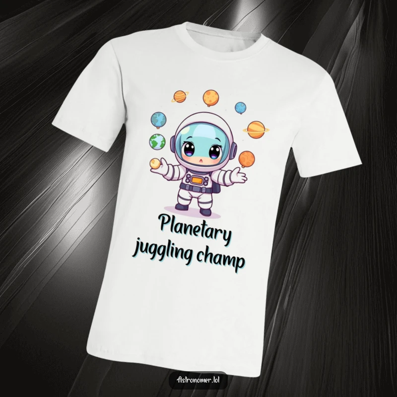 Funny Astronaut T-Shirt: A cartoon astronaut with focused, wide eyes expertly juggling miniature planet replicas.