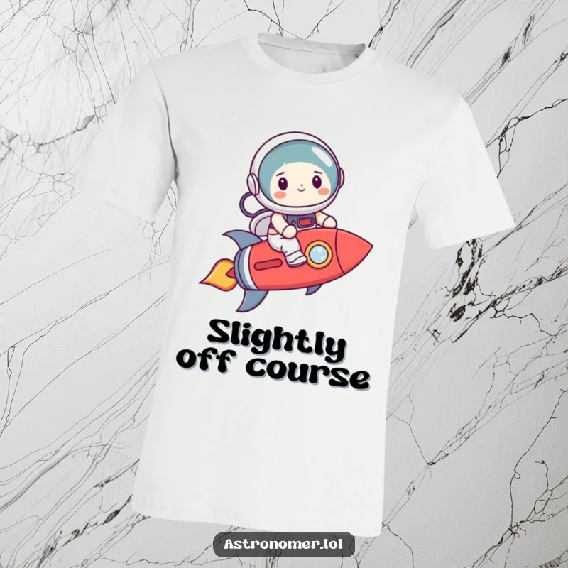 Funny astronaut with a smile, precariously riding a crooked rocket, humorous t-shirt for those who chase dreams bravely.