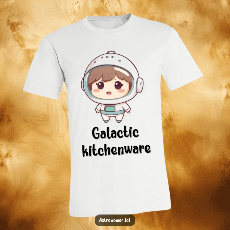 Funny T-Shirt: A cute character looks amused wearing a colander as a makeshift space helmet, celebrating quirky ingenuity.