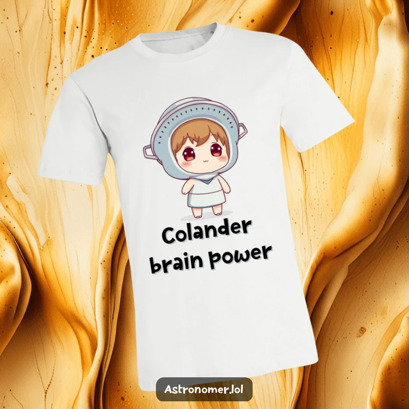 Funny t-shirt featuring a character wearing a colander as a helmet, intently looking up at the sky.