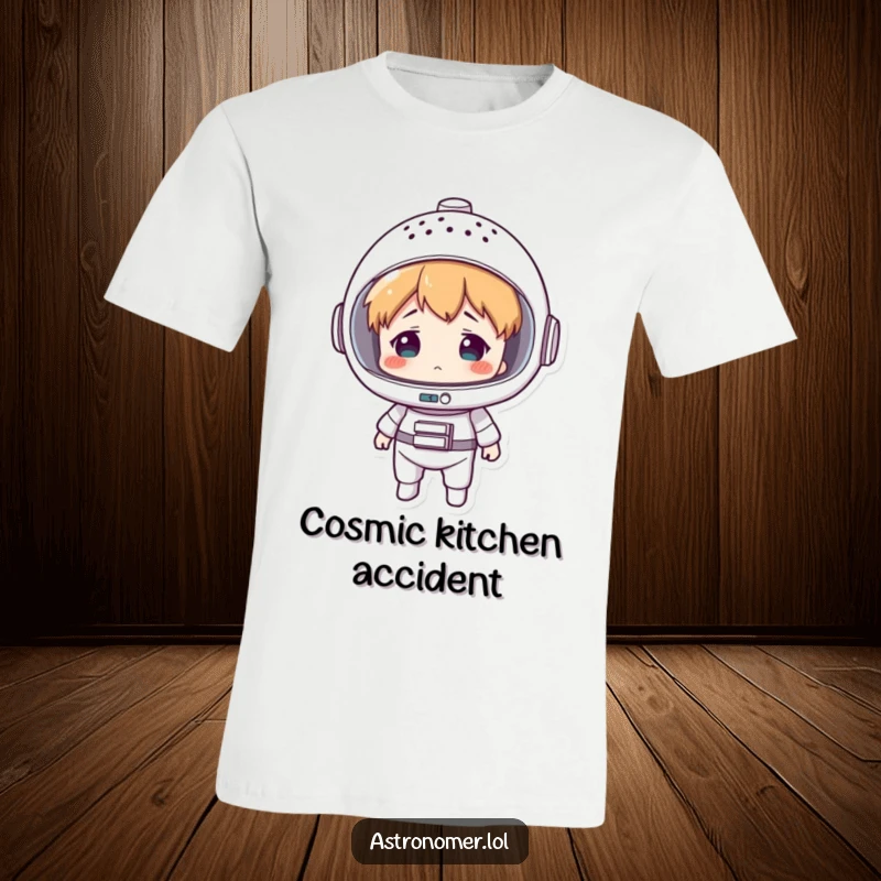 Funny T-shirt showcasing a character in a colander space helmet, with a hilariously confused expression, ready for an unplanned space adventure.