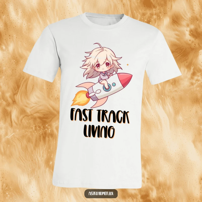 Funny T-shirt depicting a character gleefully riding a comet as if it were a rocket, hair streaming in the cosmic wind.