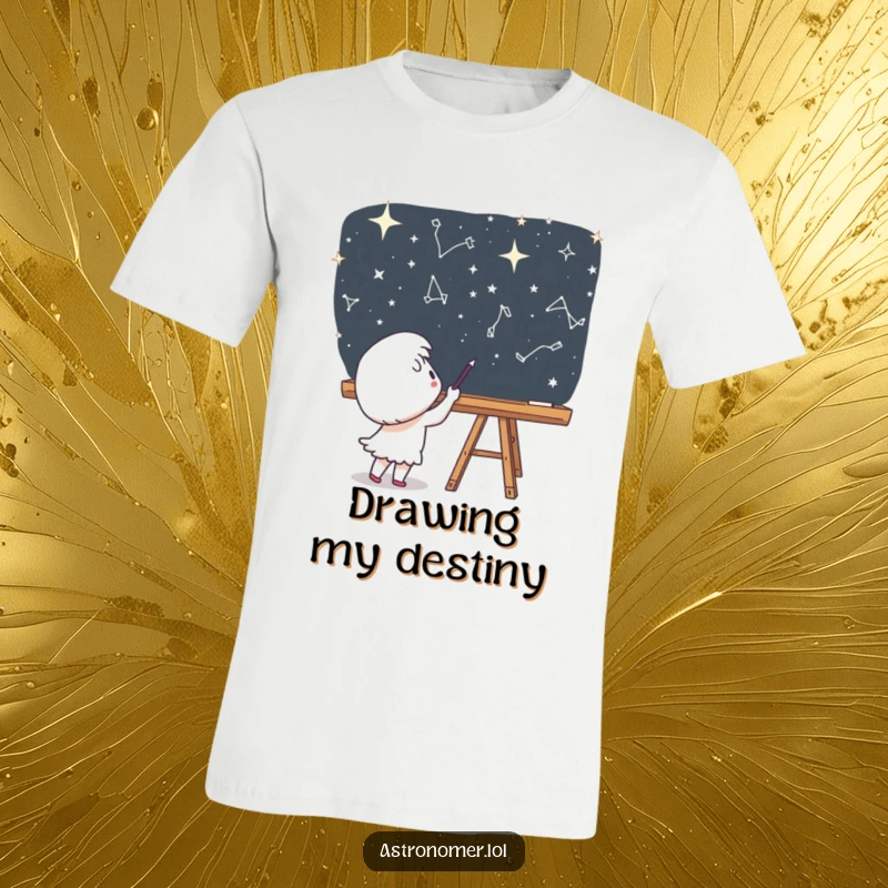 Funny T-Shirt: A cute character joyfully sketches constellations on a chalkboard against a backdrop of space.