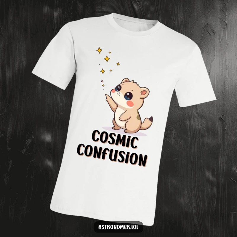 Funny t-shirt showcasing a curious creature pointing at a star cluster with a look of wonder, perfect for space lovers.