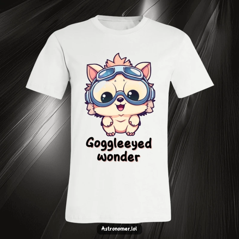 Funny t-shirt featuring a delighted creature wearing comically large goggles, mesmerized by a tiny galaxy, a humorous space theme.