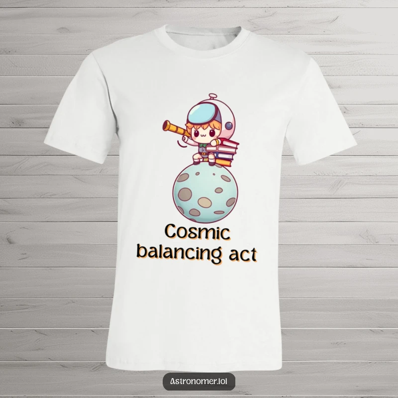 Funny Kawaii astronomer character focused on balancing books on a planet, a humorous depiction of determination on this t-shirt.